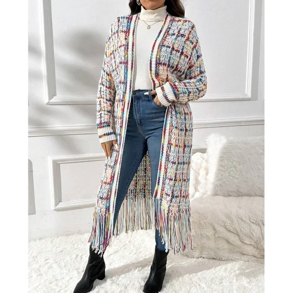 Plus Multicolor Fringe Hem Open Front Long Cardigan - Picture 1 of 7